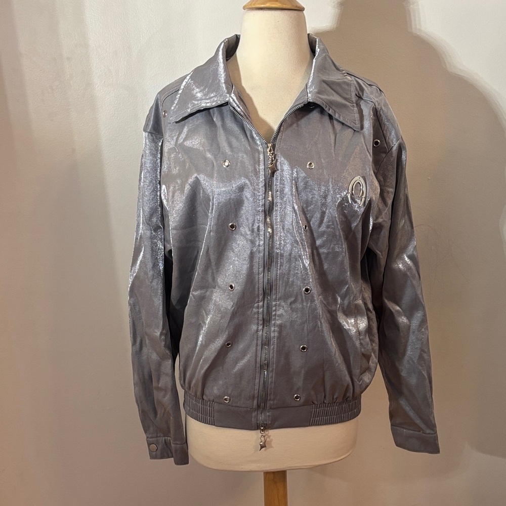 Classic Fashion and Vogues Shimmering Silver Grommet Adorned Zip Up Jacket
